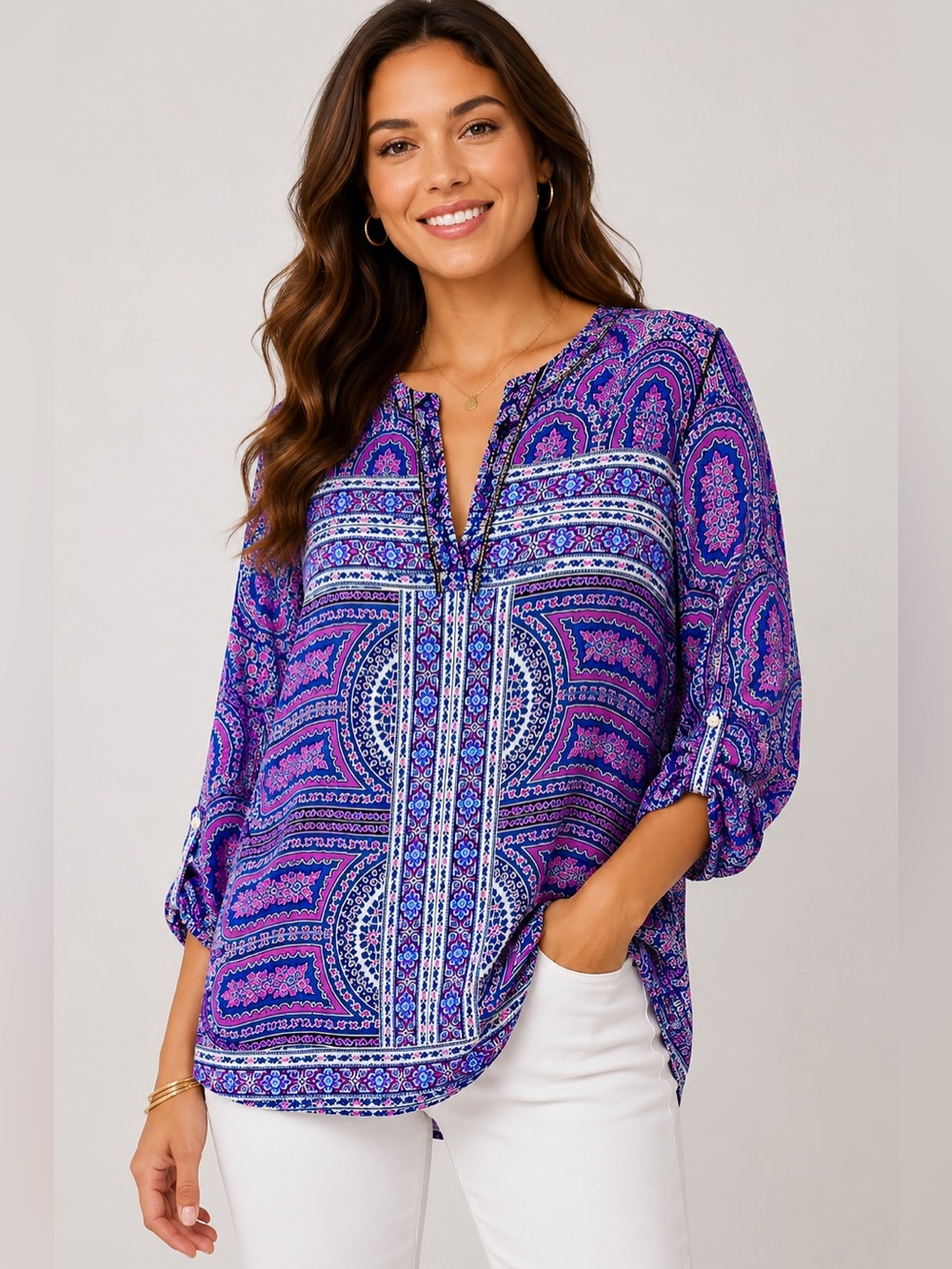 ✨ BCBGMAXAZRIA Haida Printed Tunic Top NWT Size M Fuchsia Blue Roll-Tab Sleeve